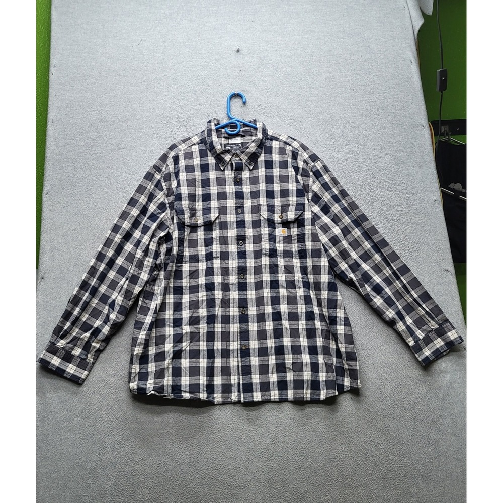 Carhartt Men Button Up Shirt 3XL Navy Plaid 100139 Workshirt Logo Loose Fit